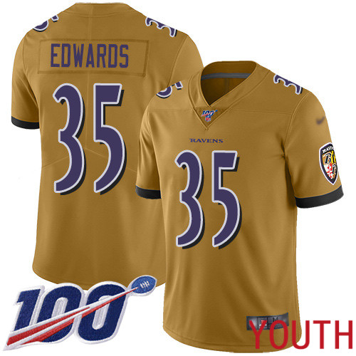 Baltimore Ravens Limited Gold Youth Gus Edwards Jersey NFL Football 35 100th Season Inverted Legend